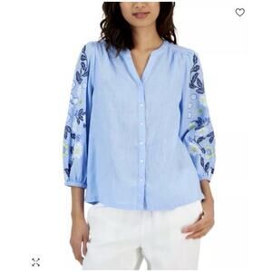 Charter Club Linen Women’s Floral-Print Blouse Baby Blue Size: XL